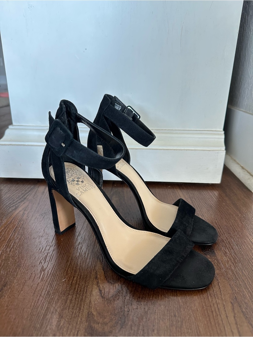 Vince Camuto Black Suede Ankle-Strap Heel Sandals